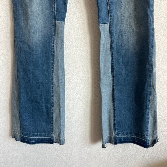 Blue Denim Patchwork Stretch Jeans Slim Fit Flared Pants - Picture 4 of 7